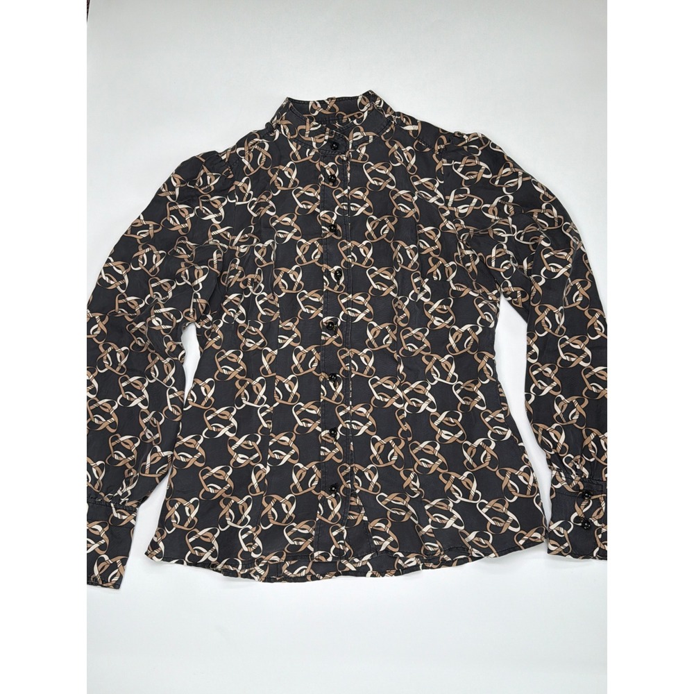 Banana Republic Black Brown Chain Print Silk Button Up Shirt Top‎ Women's Size S